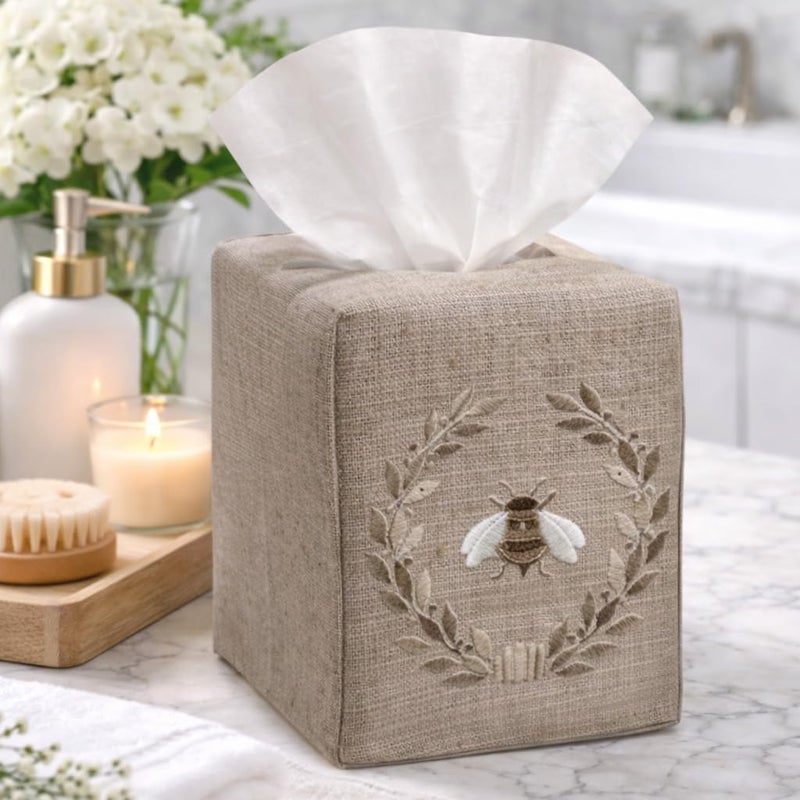 Jacaranda Living Square Tissue Box Cover, Natural Linen/Cotton Fabric Tissue Holder, Timeless French Embroidery, Decorative Tissue Cube Cover, Naploeon Bee Wreath (Beige) - Image 2
